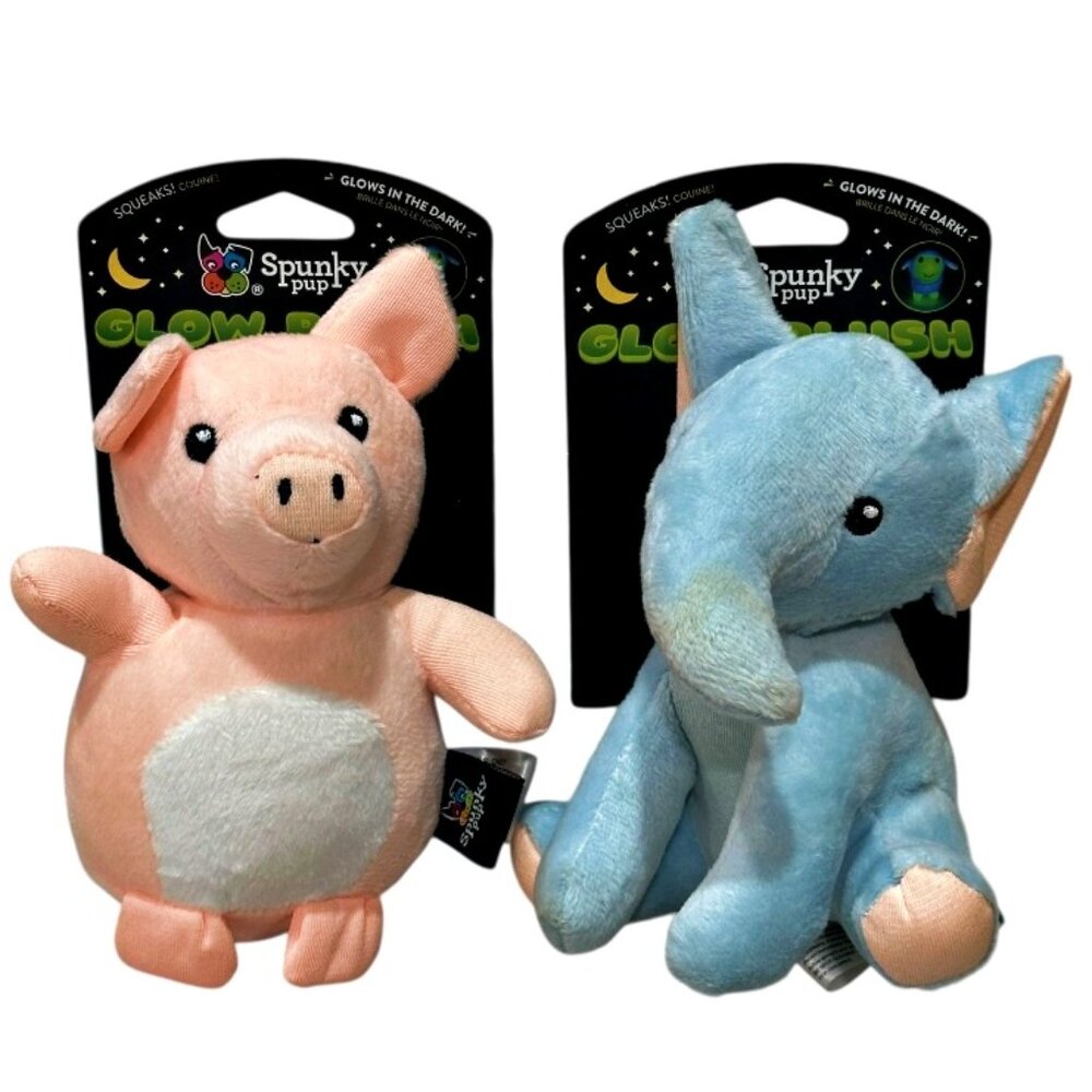 NEW SPUNKY PUP Glow in the Dark Dog Toys Elephant and Pig Glows Squeaks Crinkles